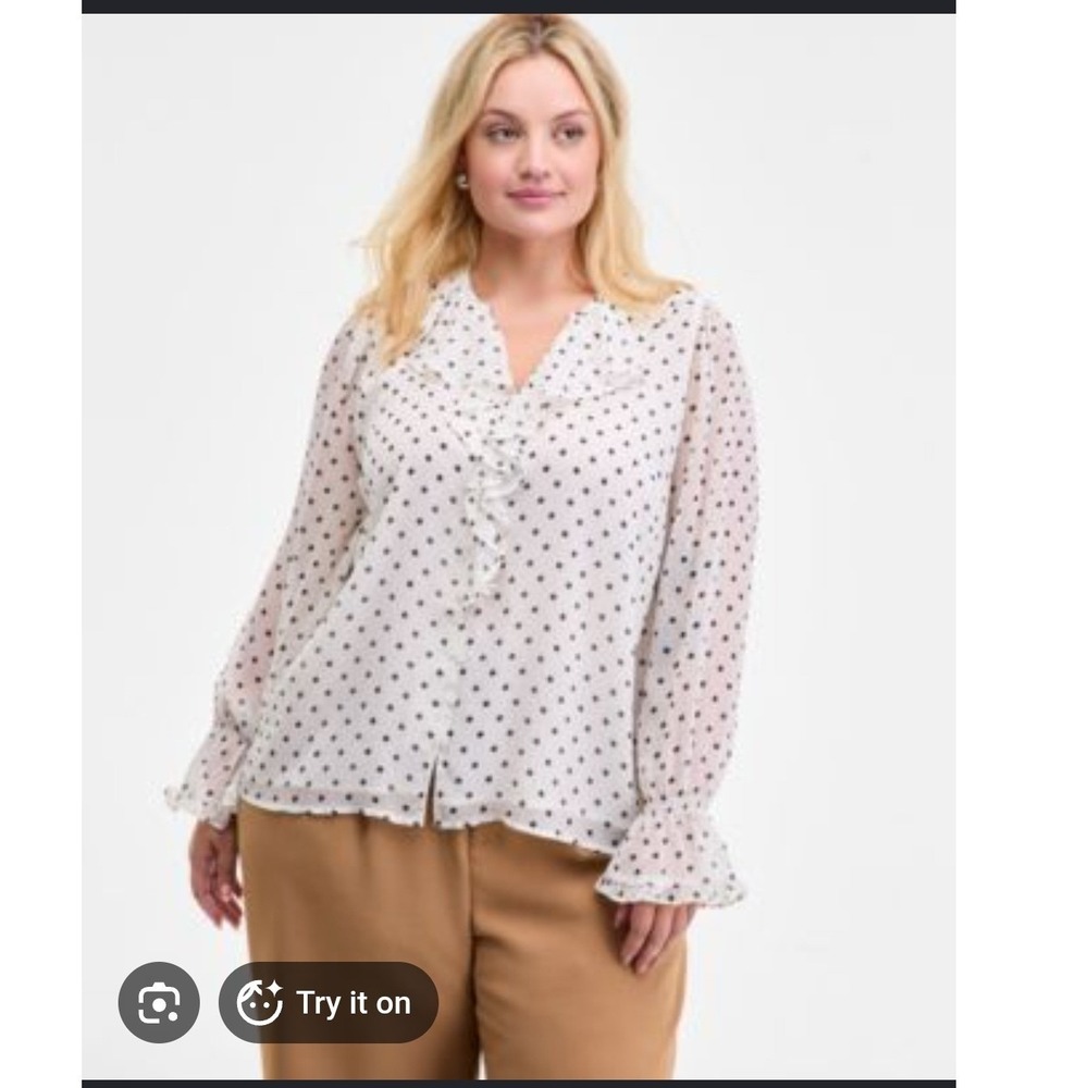 On 34th NEW Polka Dot Ruffle V-Neck‎ Blouse Eggnog CMB S 100206757M
S officecore